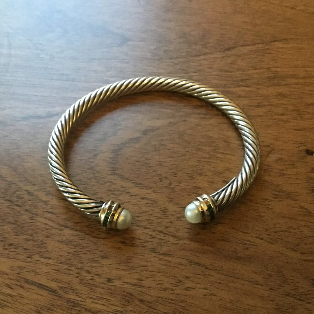 David Yurman silver and gold pearl and emerald bracelet